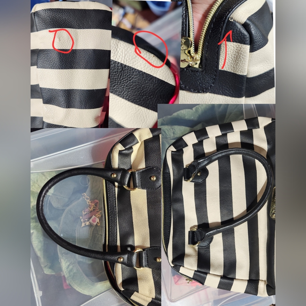 Y2K Betsey Johnson Off White & Black Striped Purse with Oversized Pink Bow - Picture 2 of 16